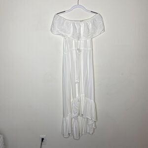 Aqua White Off-Shoulder Flowy Boho Dress Tiered Ruffle Empire Tie Waist Maxi Med